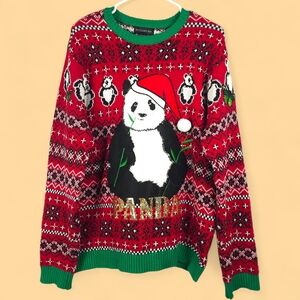 ​​Blizzard Bay UGLY Christmas Sweater L Panda Santa Sequin Butterfly 100% Cotton
